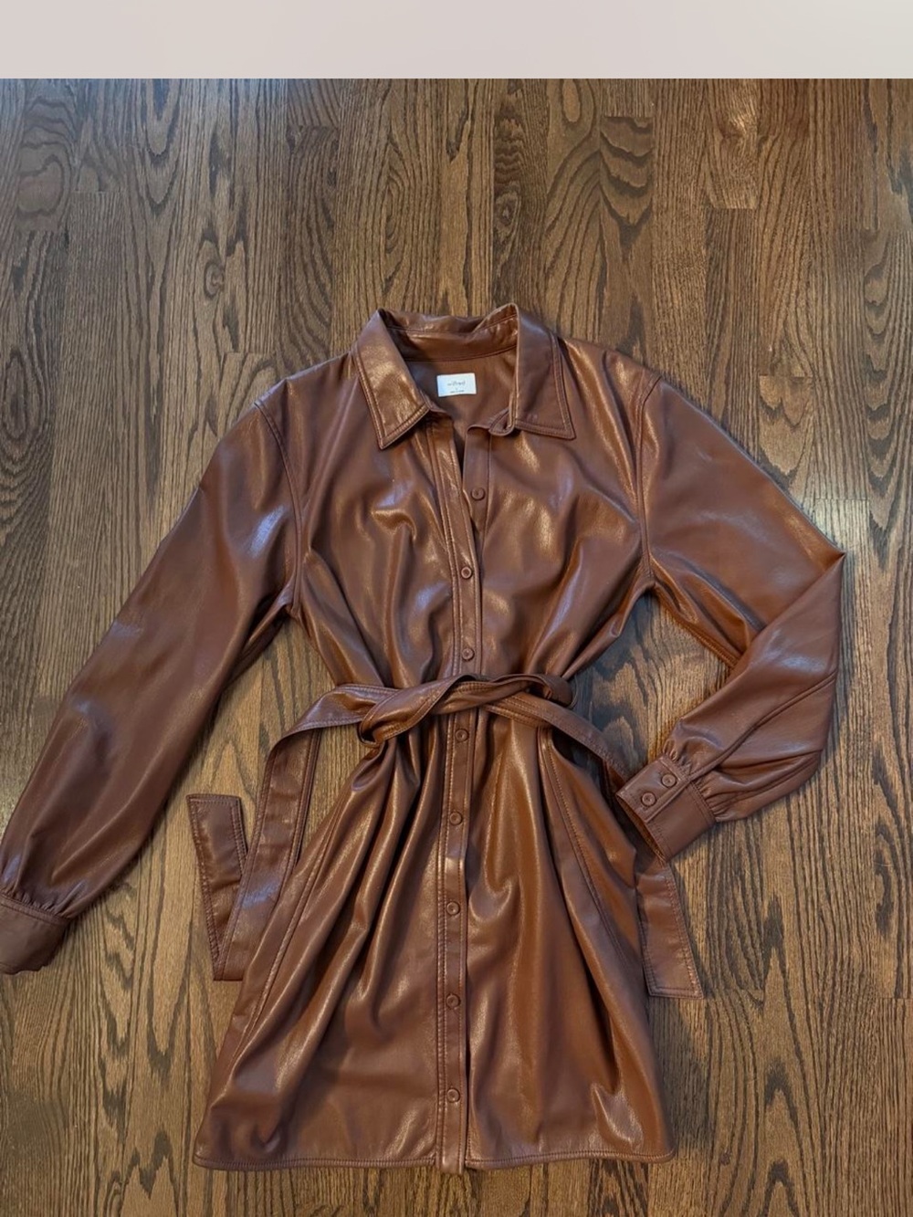 Aritzia Brown Faux Leather Shirt Dress with Self-Tie Belt